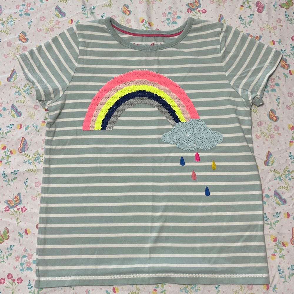Mini Boden Striped Tee with Rainbow Design - Green and Pink
